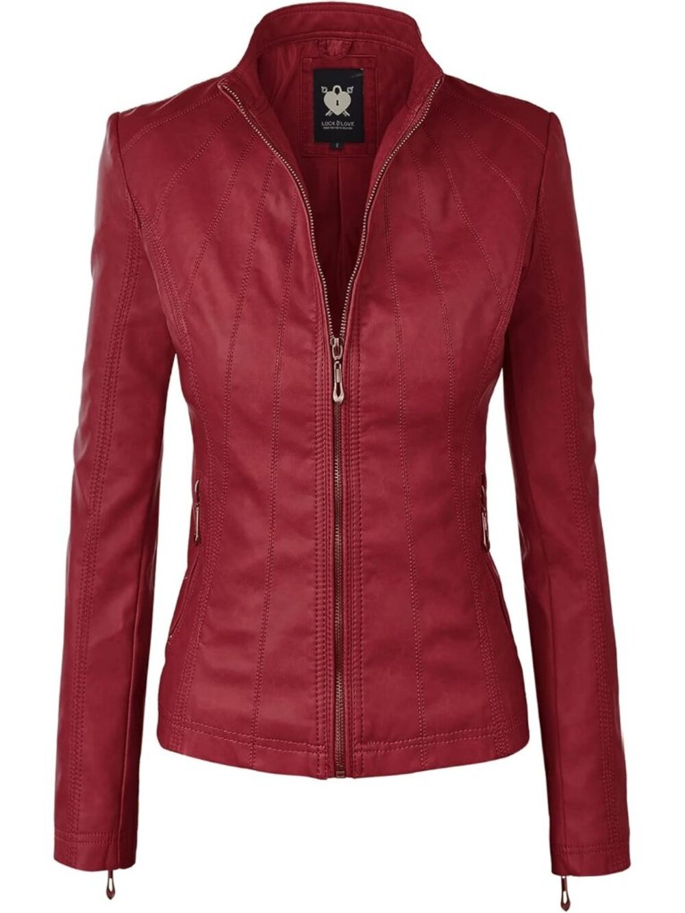 Women's Dark Red Solid Faux Leather Slim Fit Panelled Vegan Classic Biker Jacket